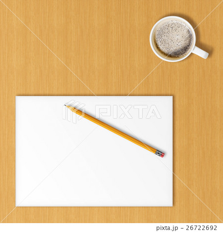 Sheet of office paper, yellow pencil and cup of coffee.  26722692