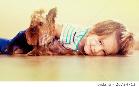 Cute little girl with yorkshire terrier indoor 26724713