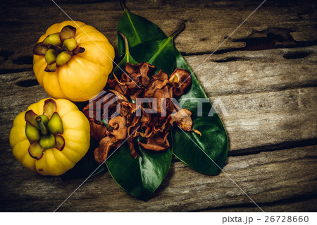 Garcinia cambogia fresh fruit on wood background.  26728660