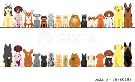 大型犬と小型犬と猫のバナーのセット 正面と後ろ姿のイラスト素材