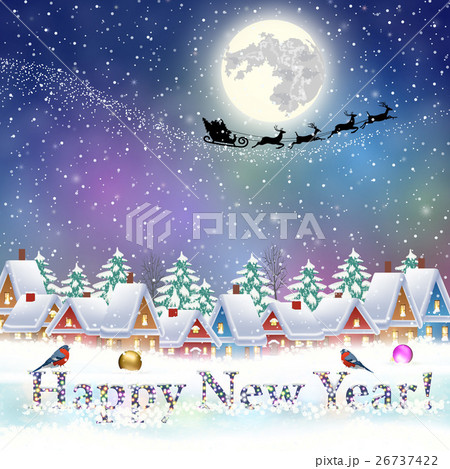 Christmas vintage greeting card on winter village Christmas vintage greeting card on winter village 26737422