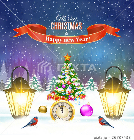 Christmas vintage greeting card on winter village Christmas vintage greeting card on winter village 26737438