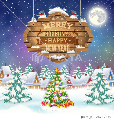 Christmas vintage greeting card on winter village 26737459