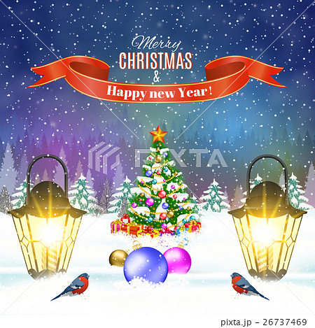 Christmas vintage greeting card on winter village 26737469