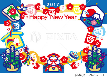 フォトフレー年賀状2017　とり年　酉印　鏡餅　羽子板　門松　富士山　HappyNewYear　青 26737961