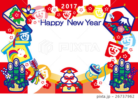 フォトフレー年賀状2017　とり年　酉印　鏡餅　子板　門松　富士山　HappyNewYear　赤 26737962