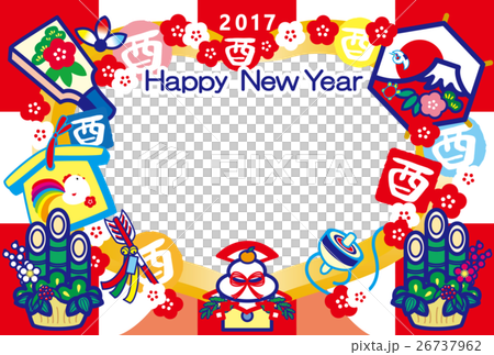 フォトフレー年賀状2017　とり年　酉印　鏡餅　子板　門松　富士山　HappyNewYear　赤 26737962