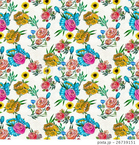 Seamless pattern with blue yellow and pink flowers 26739151
