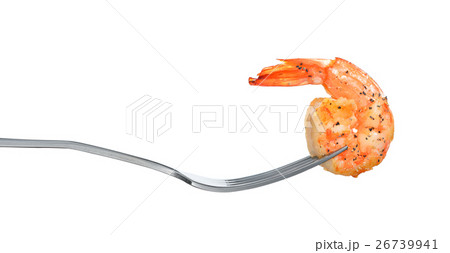 Cooked shrimp on fork isolated on white background 26739941