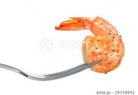 Cooked shrimp on fork isolated on white background 26739942