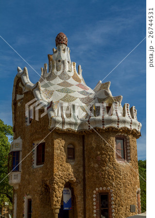 Detail of colorful mosaic work of Park Guell. Detail of colorful mosaic work of Park Guell. 26744531