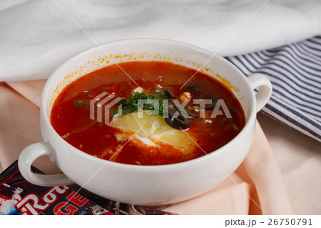 Russian solyanka soup. Authentic soup saltwort Russian solyanka soup. Authentic soup saltwort 26750791