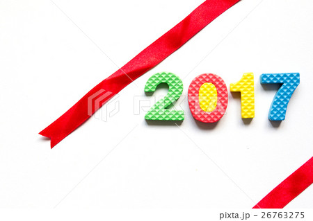 Wording 2017 from toy alphabet with red ribbon 26763275