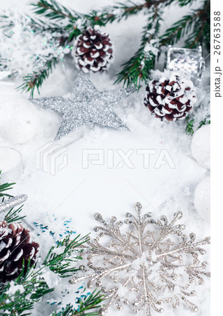 Christmas card with decorated fir tree on snow. 26763588