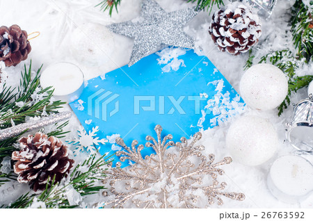 Christmas card with decorated fir tree on snow. 26763592