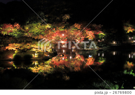 特別名勝「栗林公園」ライトアップされた紅葉の南湖（楓嶼と楓岸） 26769800