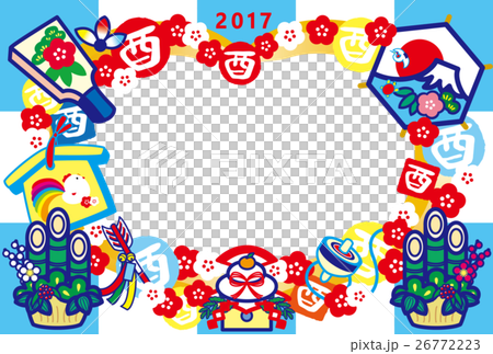 フォトフレー年賀状2017　とり年　酉印　鏡餅　羽子板　門松　富士山　HappyNewYear　青 26772223