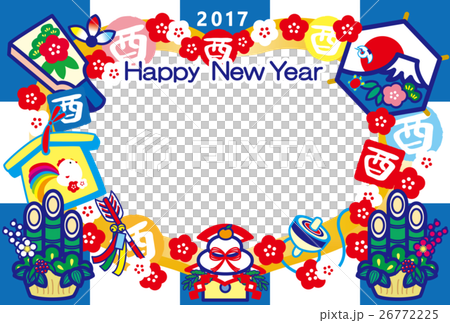 Photo Fry新年卡2017年鱒魚年無憂無慮的Kagami米帽子板Kadomatsu Mt. Fuji HappyNewYear Navy 26772225