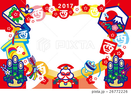 フォトフレー年賀状2017　とり年　酉印　鏡餅　羽子板　門松　富士山　HappyNewYear　赤 26772226