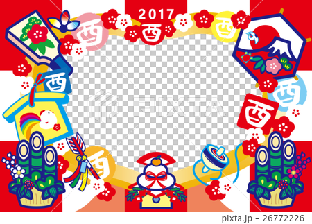 フォトフレー年賀状2017　とり年　酉印　鏡餅　羽子板　門松　富士山　HappyNewYear　赤 26772226