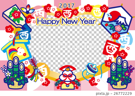 フォトフレーム年賀状2017とり年　酉印　鏡餅　羽子板　門松　富士山　HappyNewYearピンク 26772229