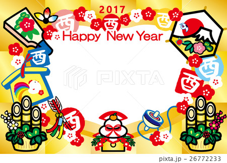 フォトフレー年賀状2017　とり年　酉印　鏡餅　羽子板　門松　富士山　HappyNewYear　金 26772233