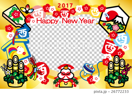フォトフレー年賀状2017　とり年　酉印　鏡餅　羽子板　門松　富士山　HappyNewYear　金 26772233
