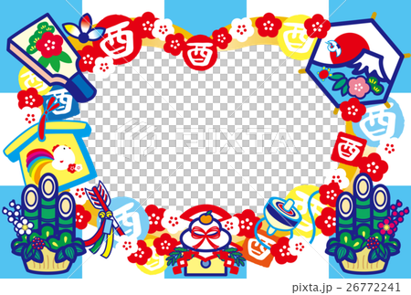 照片新年賀卡2017年鱒魚年無憂無慮的Kagami飯帽子板Kadomatsu Mt. Fuji HappyNewYear Blue 26772241