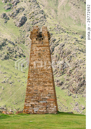Ancient Stone Watchtower On Mountain Background In 26772692