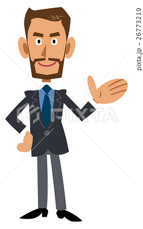 スーツを着用し髭を蓄えた褐色の男性が案内するのイラスト素材