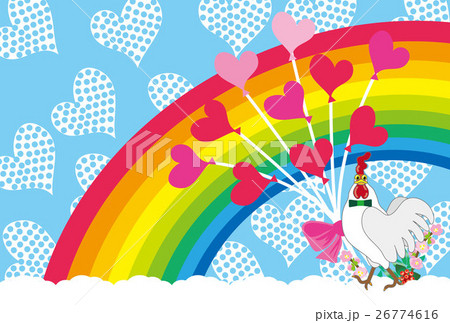 ポップで可愛い虹とニワトリのイラストカードのイラスト素材