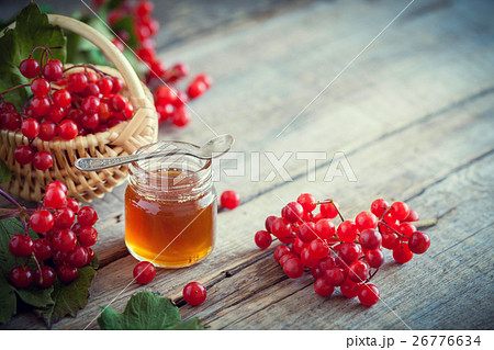 Jar of honey and Viburnum berries. Jar of honey and Viburnum berries. 26776634