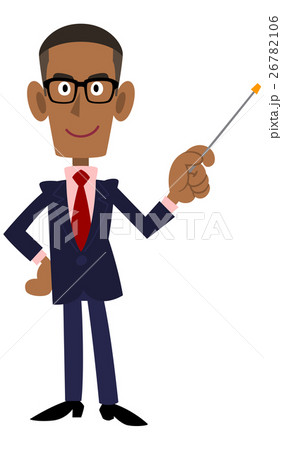 スーツを着用し眼鏡を掛けた黒人の男性が指示棒を手に持ち説明するのイラスト素材