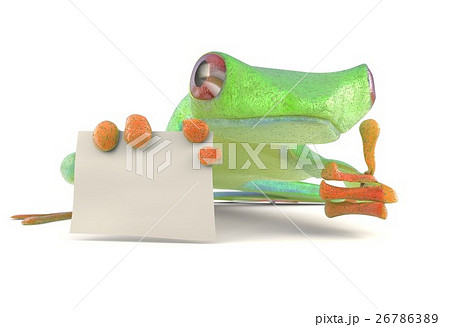 Green tree red eye frog with a blank sign pointing Green tree red eye frog with a blank sign pointing 26786389