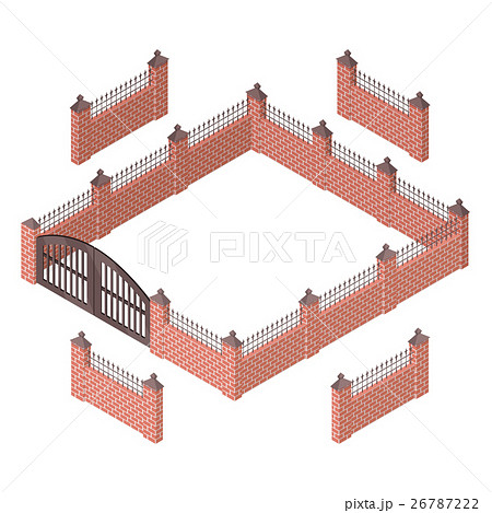 Iron Fence With Brick Columns Isolated On Whiteのイラスト素材
