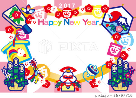 フォトフレーム年賀状2017とり年　酉印　鏡餅　羽子板　門松　富士山　HappyNewYearピンク 26797716
