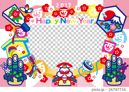 フォトフレーム年賀状2017とり年　酉印　鏡餅　羽子板　門松　富士山　HappyNewYearピンク 26797716