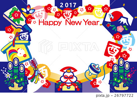 フォトフレー年賀状2017　とり年　酉印　鏡餅　羽子板　門松　富士山　HappyNewYear　紺 26797722