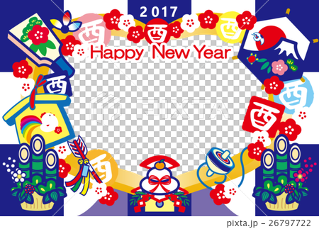 フォトフレー年賀状2017　とり年　酉印　鏡餅　羽子板　門松　富士山　HappyNewYear　紺 26797722