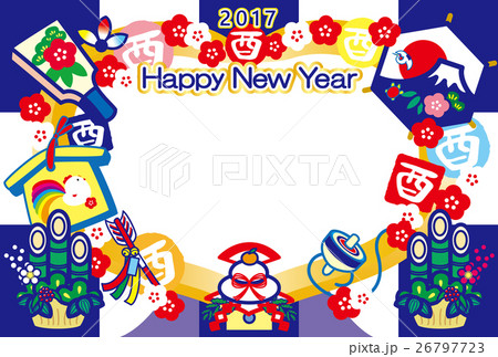 フォトフレー年賀状2017　とり年　酉印　鏡餅　羽子板　門松　富士山　HappyNewYear　紺 26797723