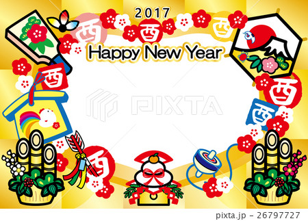 フォトフレー年賀状2017　とり年　酉印　鏡餅　羽子板　門松　富士山　HappyNewYear　金 26797727
