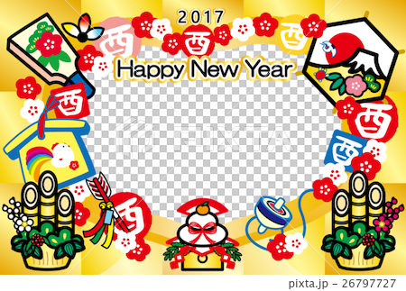 フォトフレー年賀状2017　とり年　酉印　鏡餅　羽子板　門松　富士山　HappyNewYear　金 26797727