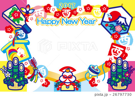 フォトフレーム年賀状2017とり年 酉印 鏡餅 羽子板 門松 富士山HappyNewYearカラフル フォトフレーム年賀状2017とり年 酉印 鏡餅 羽子板 門松 富士山HappyNewYearカラフル 26797730