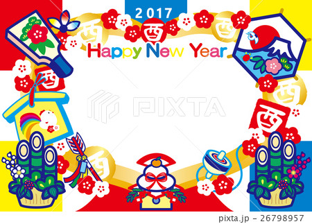 フォトフレーム年賀状2017とり年 酉印 鏡餅 羽子板 門松 富士山HappyNewYearカラフル フォトフレーム年賀状2017とり年 酉印 鏡餅 羽子板 門松 富士山HappyNewYearカラフル 26798957
