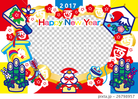 相框新年卡2017年鱒魚年無憂無慮的Kagami米帽子板Kadomatsu富士山HappyNewYear多彩 26798957