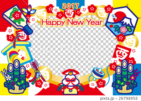 相框新年卡2017年鱒魚年無憂無慮的Kagami米帽子板Kadomatsu富士山HappyNewYear多彩 26798958