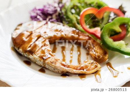 Grilled Teriyaki salmon steak with vegetables 26800513