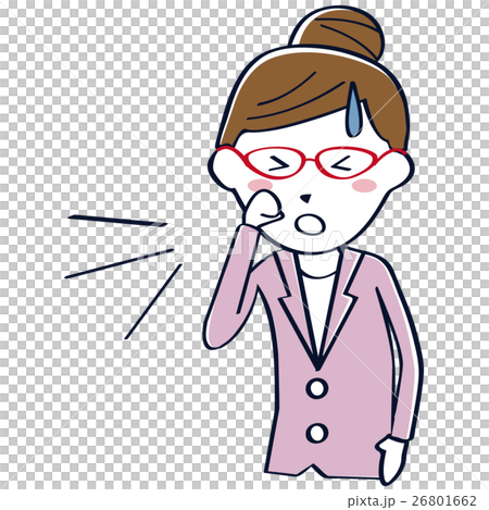 線画の淡いスーツのキャリアウーマン　赤いめがね　上半身　咳 26801662