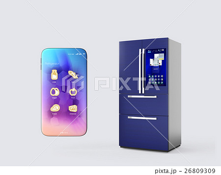 タッチパネル付きの冷蔵庫とスマートフォン。アプリ操作で庫内管理可能 