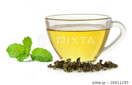 Glass cup of green tea and mint Glass cup of green tea and mint 26811295